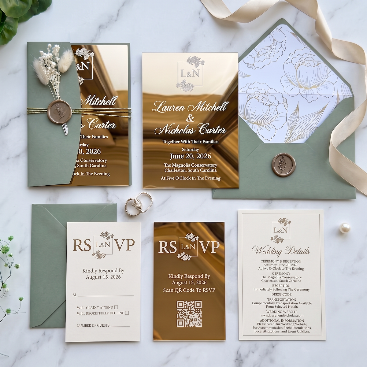 Luxury Gold Acrylic Wedding Invitation, Personalized Wedding Invite with Sage Green Envelope, QR RSVP Card & Wedding Details Card