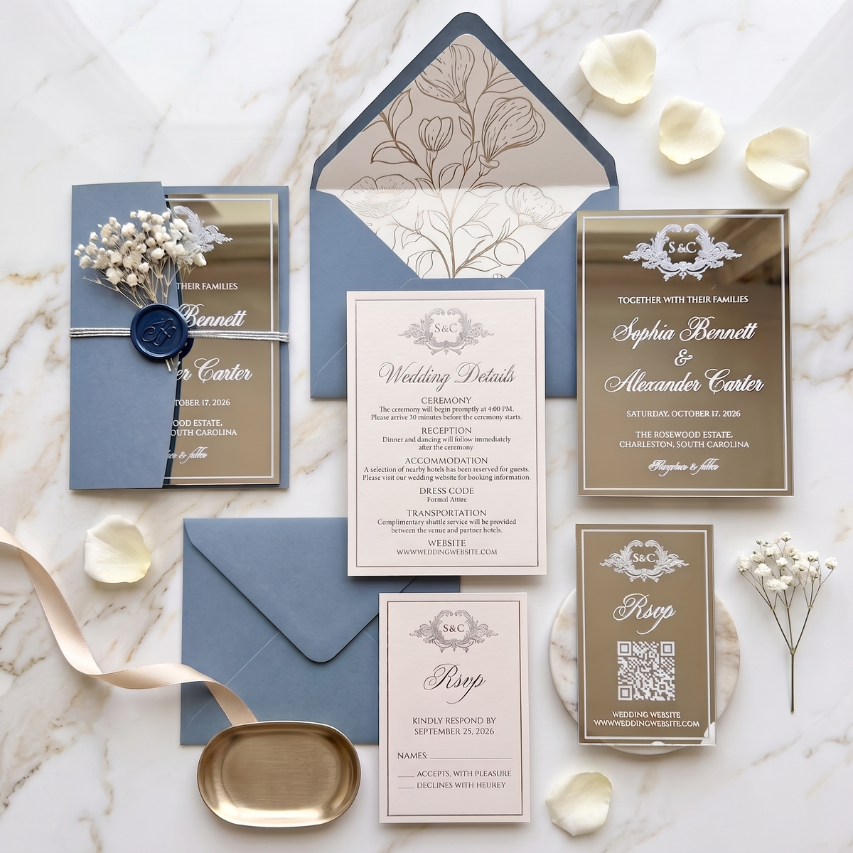 Elegant Silver Mirror Acrylic Wedding Invitation, Personalized Wedding Invite with Dusty Blue Envelope, RSVP QR Card & Details Card