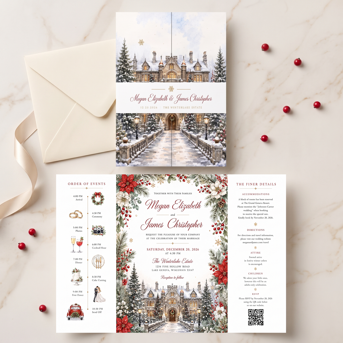 Winter Wedding Invitations, Elegant Christmas Wedding Invitation Suite, Watercolor Winter Castle, Personalized Holiday Wedding Invites