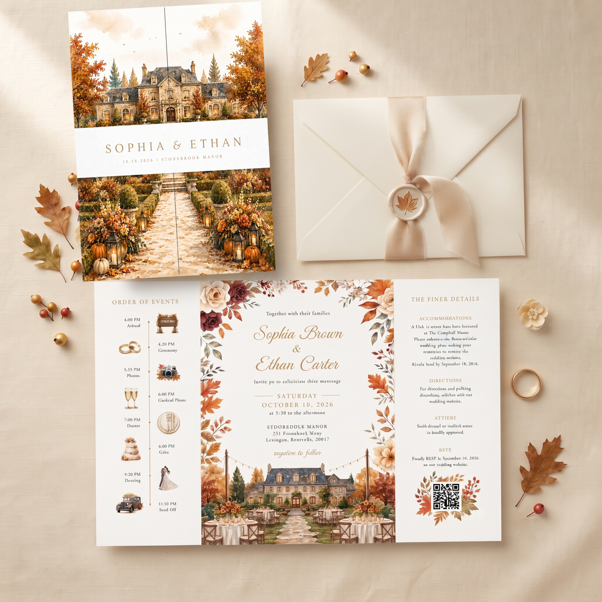 Fall Wedding Invitations, Rustic Autumn Wedding Invitation Suite, Personalized Floral Wedding Invites, Elegant Pumpkin Wedding Stationery