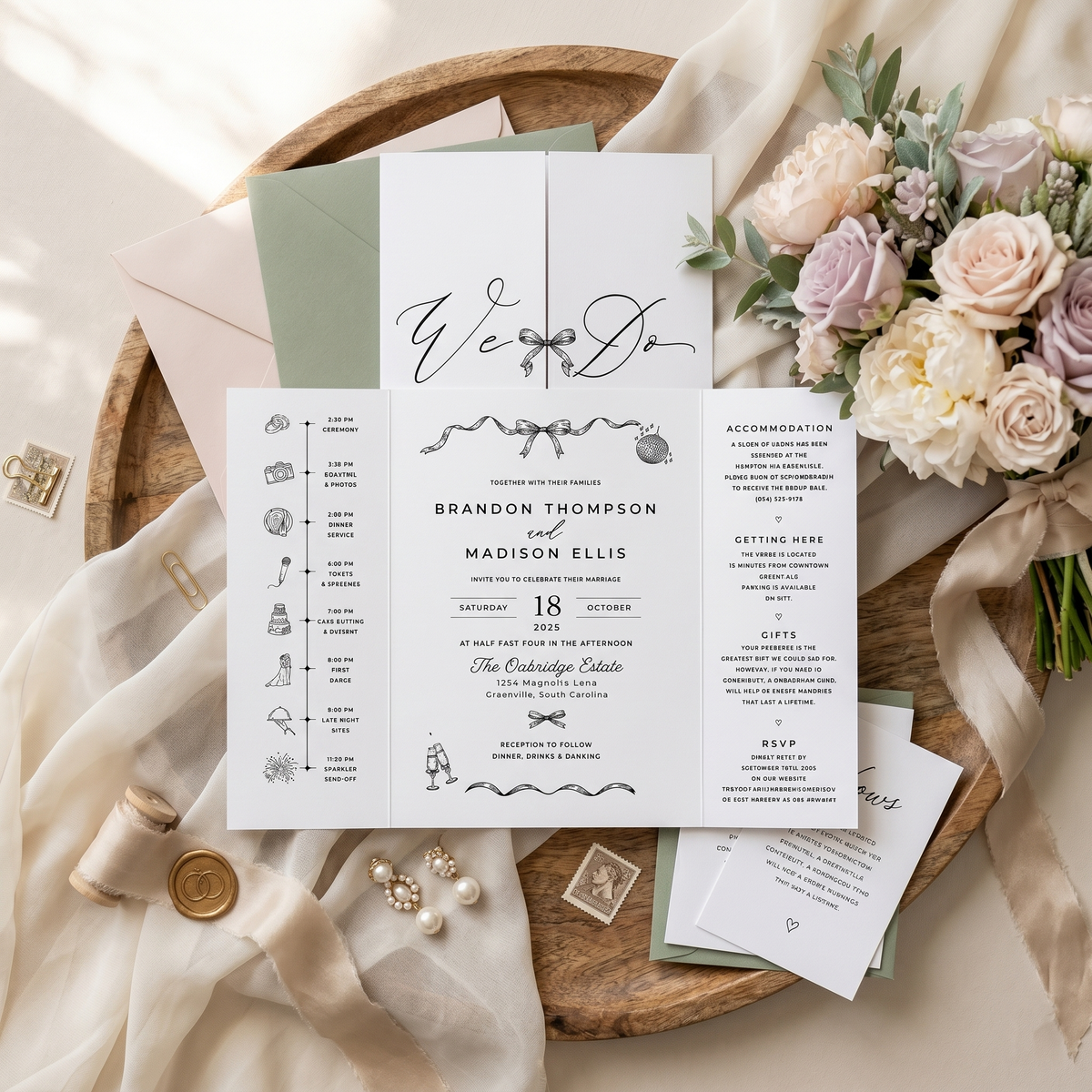 Personalized Monogram Wedding Invitation, Elegant Bow Wedding Invitation Suite, Black and White Custom Wedding Stationery