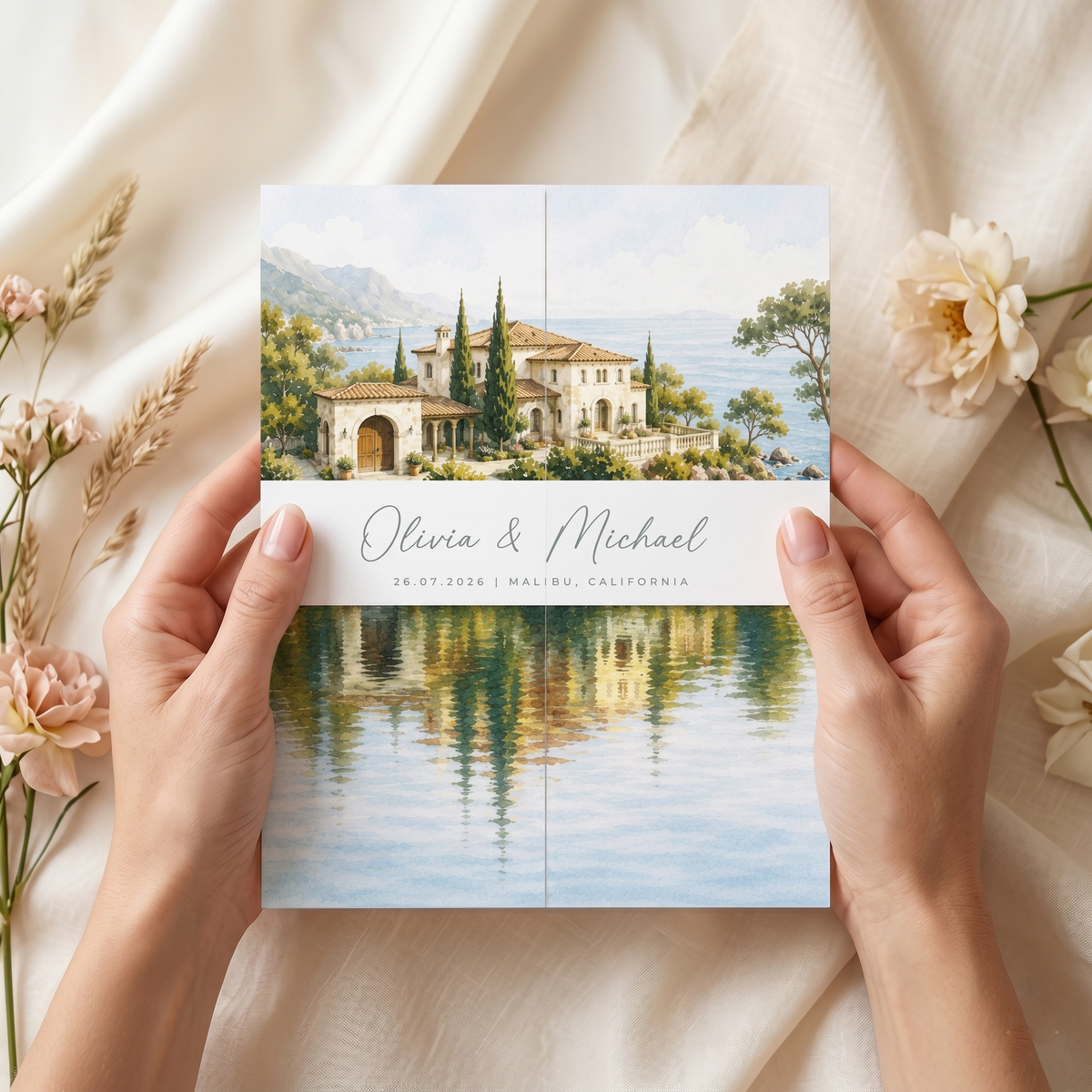 Elegant Personalized Wedding Invitation Suite | Luxury Wedding Stationery with Custom Watercolor Venue Illustration