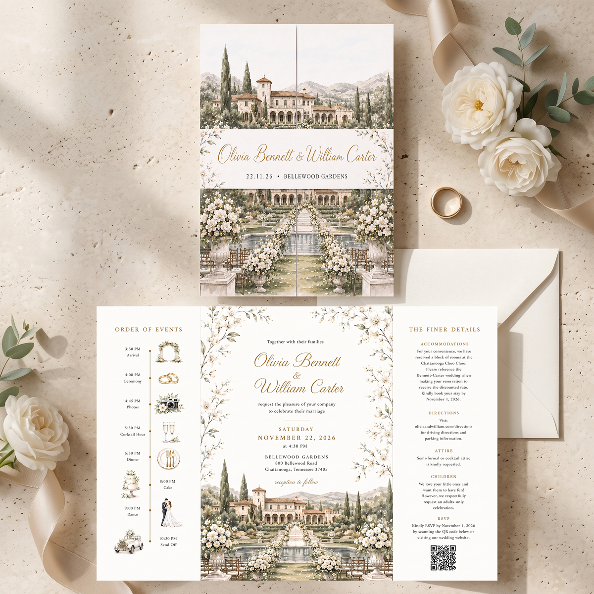 Custom Garden Wedding Invitations, Watercolor Venue Illustration, Elegant Floral Wedding Invitation Suite, Personalized Luxury Stationery