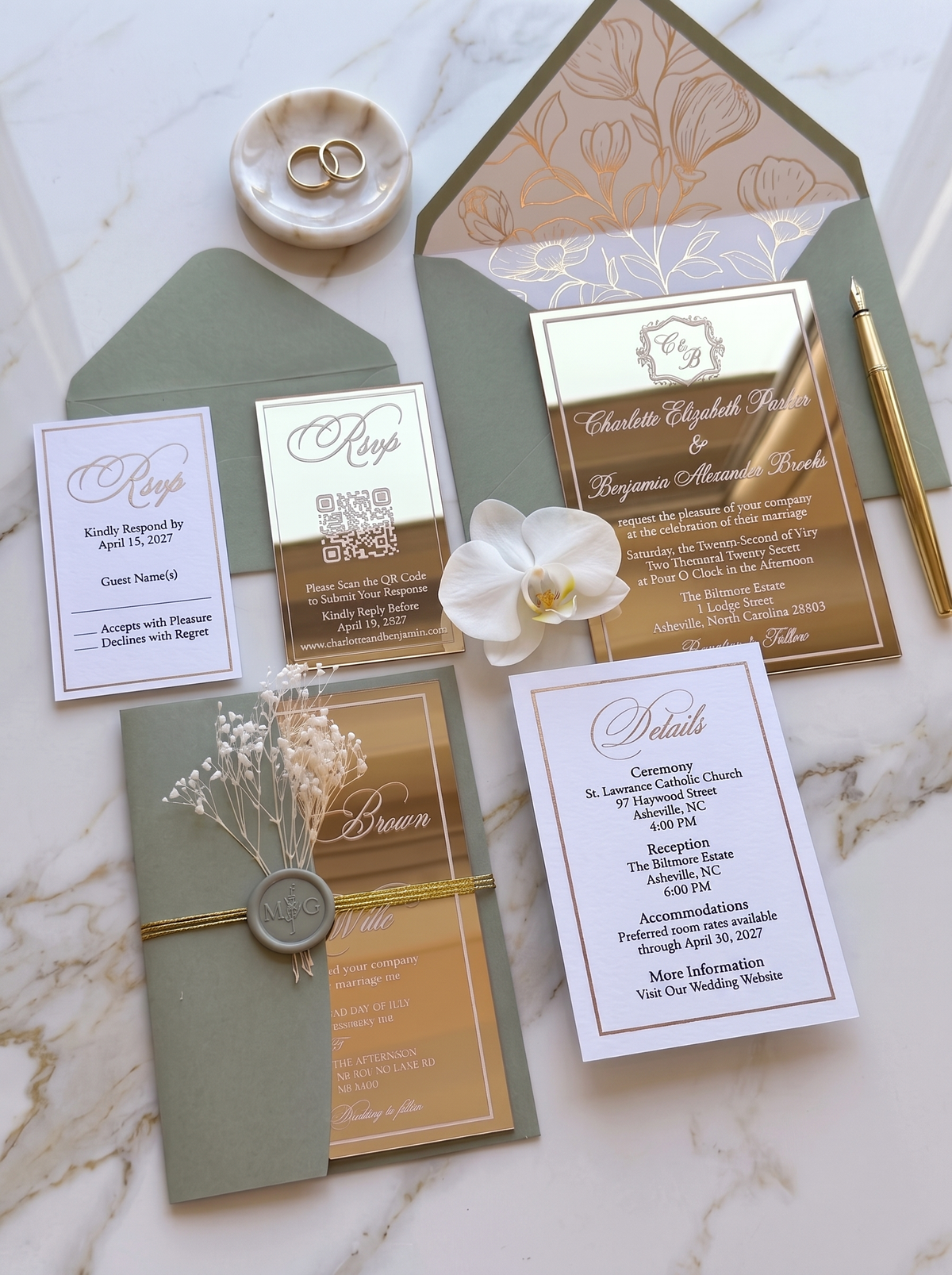 Luxury Gold Mirror Acrylic Wedding Invitations Suite, Sage Green Wedding Invites, Personalized RSVP & Details Cards, Quinceanera Invitation Set