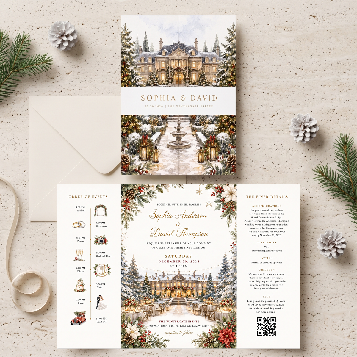 Christmas Wedding Invitations, Elegant Winter Wedding Invitation Suite, Personalized Holiday Wedding Invites, Snowy Estate Wedding Stationery