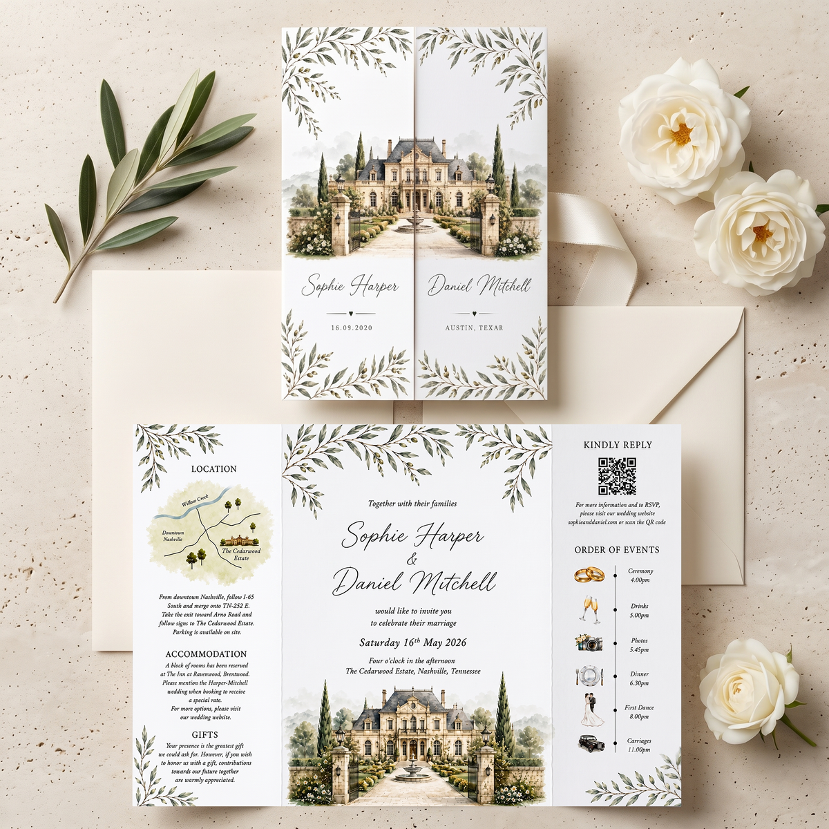 Custom Watercolor Wedding Invitations, Personalized Estate Venue Wedding Suite, Luxury Botanical Garden Wedding Stationery