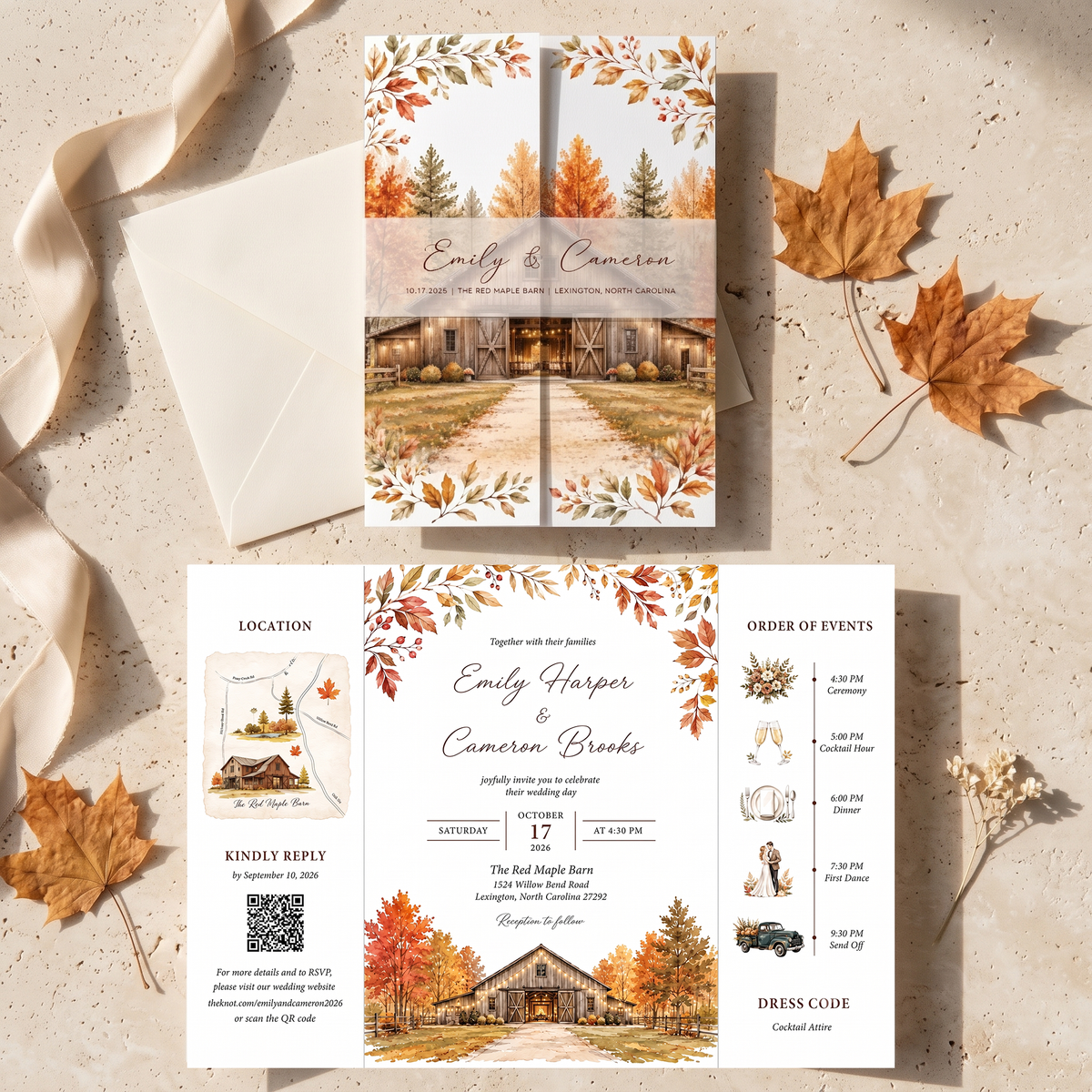 Custom Fall Wedding Invitation Suite, Personalized Barn Venue Watercolor Invitations, Rustic Autumn Wedding Stationery