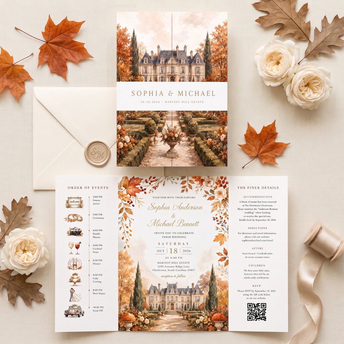 Personalized Fall Wedding Invitations, Autumn Chateau Wedding Invitation Suite, Custom Venue Illustration, RSVP QR Code, Elegant Floral Invite