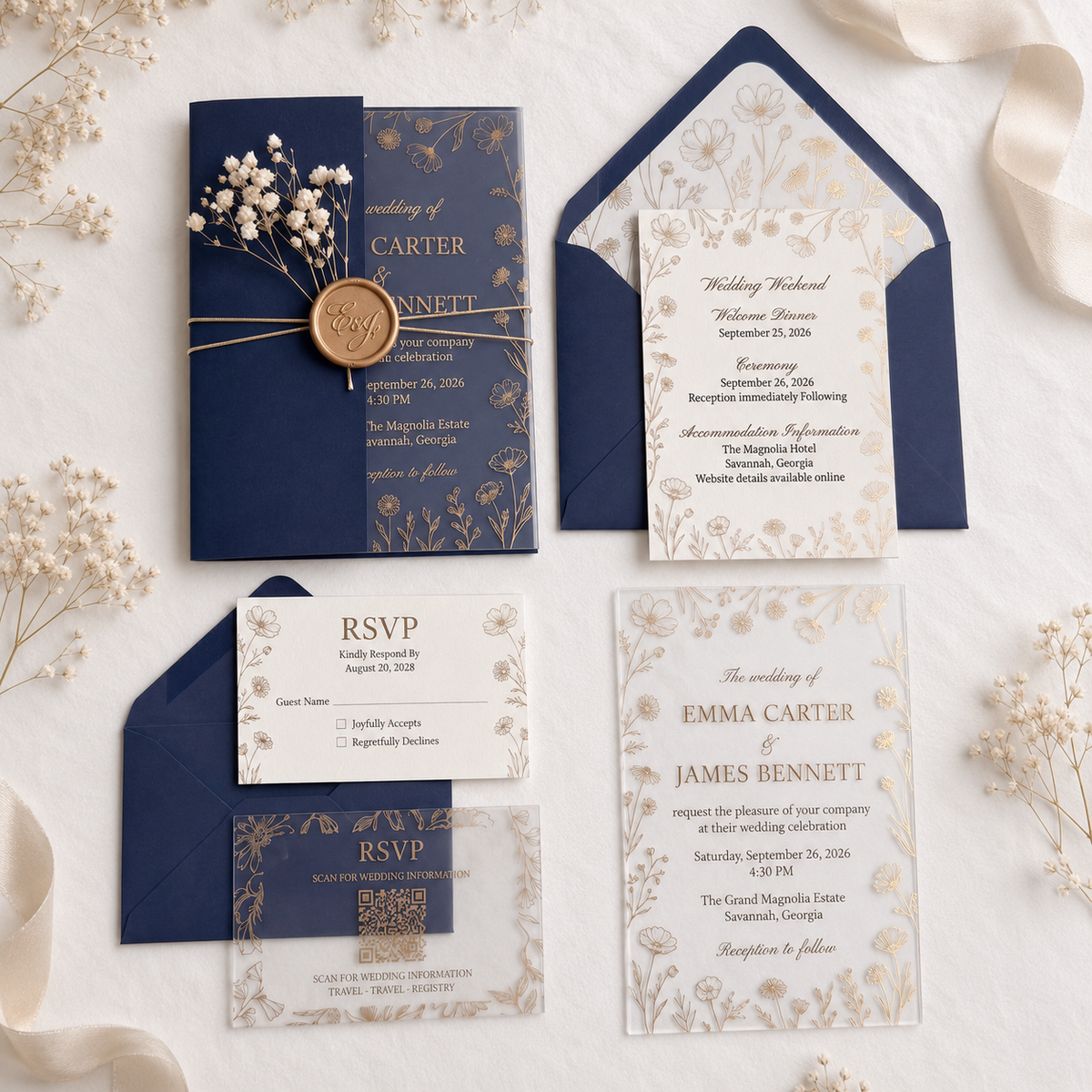 Luxury Clear Acrylic Wedding Invitation Suite, Personalized Gold Floral Wedding Invite with Navy Blue Envelope, RSVP & QR Code Card