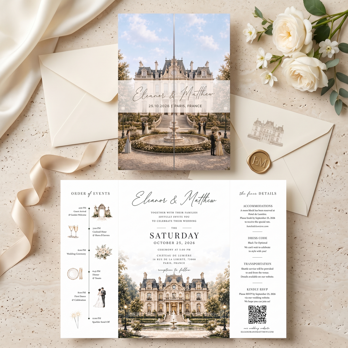 Personalized Château Wedding Invitation Suite, French Estate Wedding Invitations, Custom Venue Illustration, RSVP & QR Code