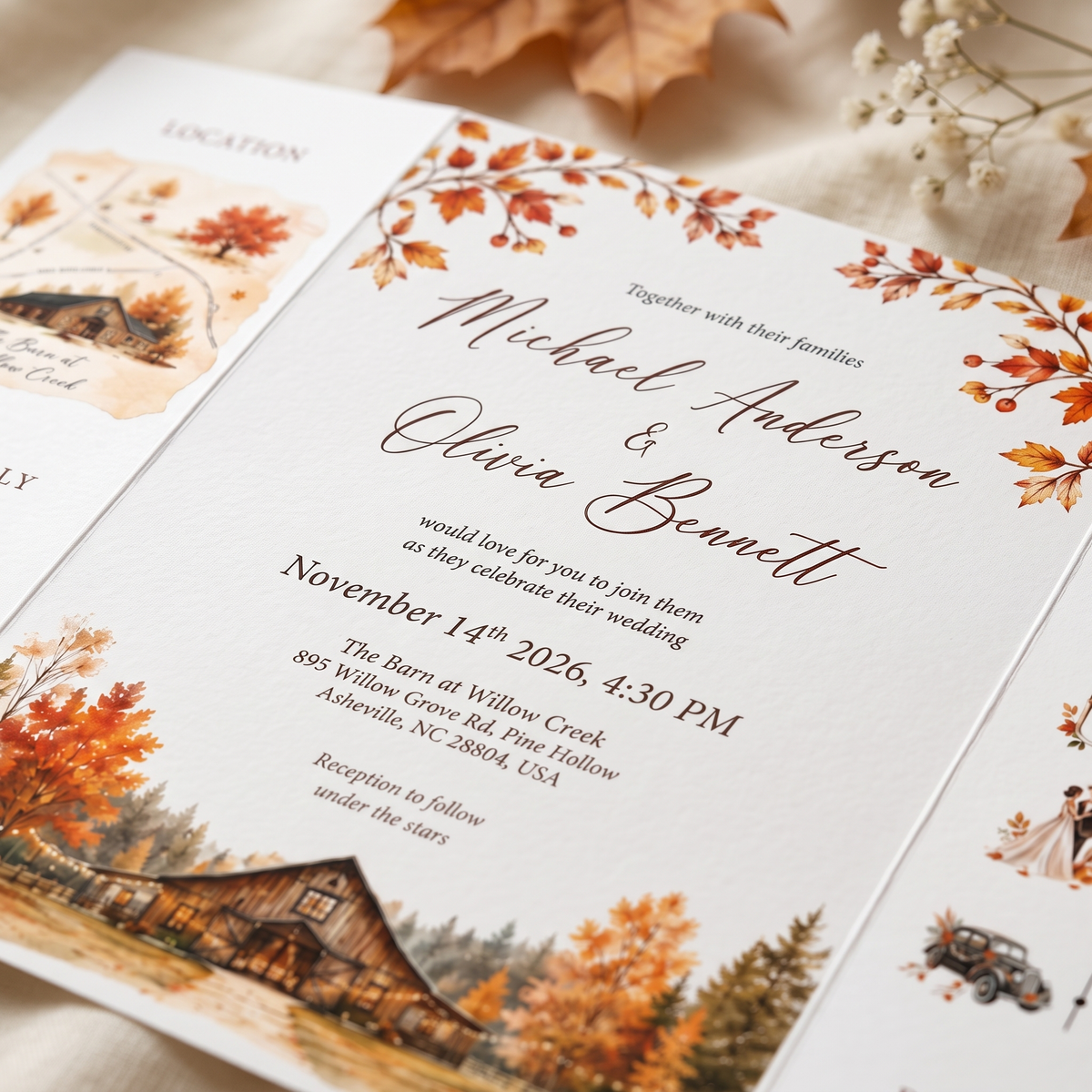 Custom Fall Wedding Invitations, Personalized Barn Venue Watercolor Wedding Suite, Rustic Autumn Wedding Stationery