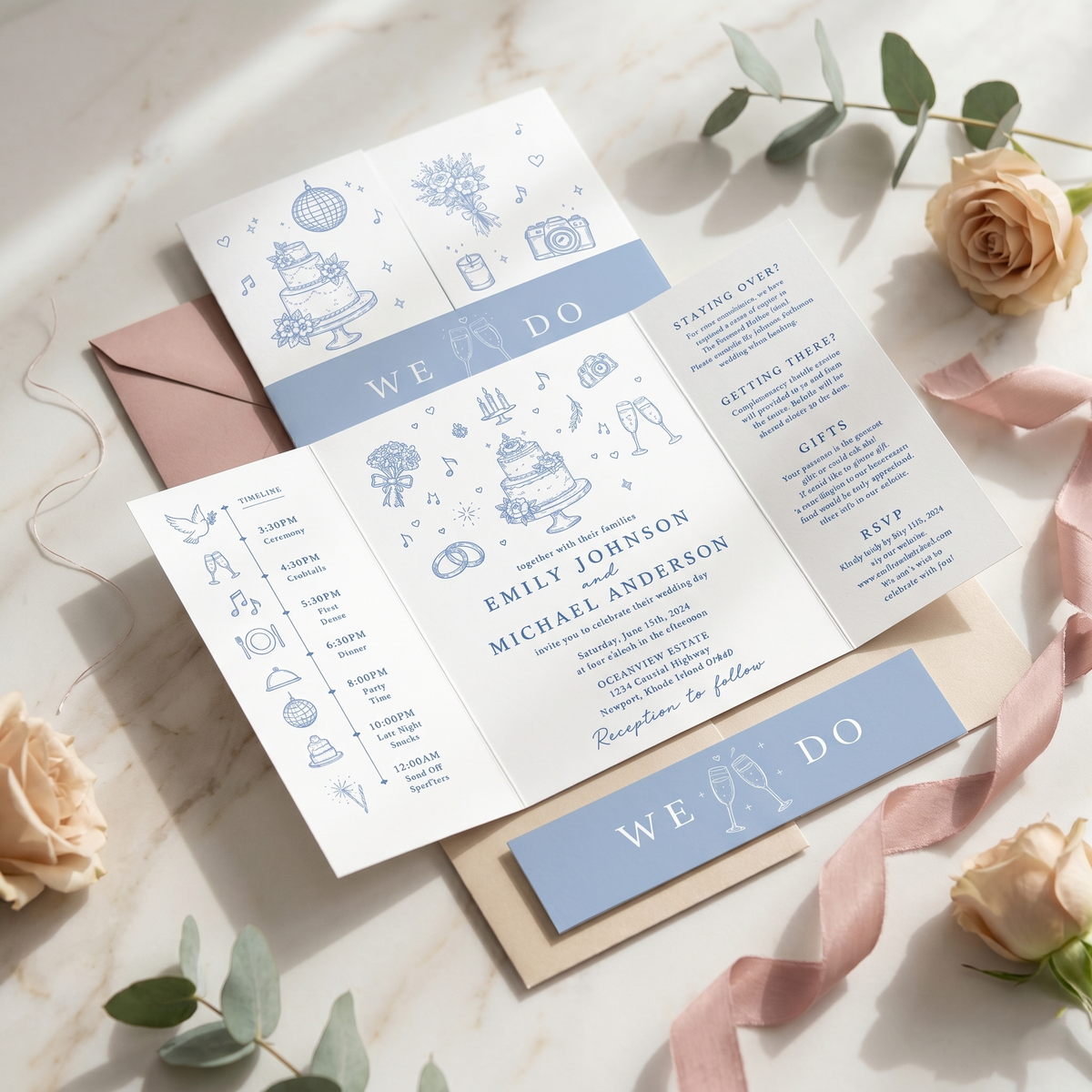Personalized Blue Wedding Invitation Suite | Elegant Illustrated Wedding Invitations with Custom Details & RSVP
