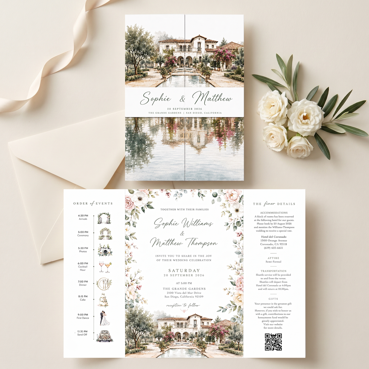 Custom Garden Wedding Invitations, Watercolor Venue Illustration, Floral Wedding Invitation Suite, Personalized Luxury Wedding Stationery