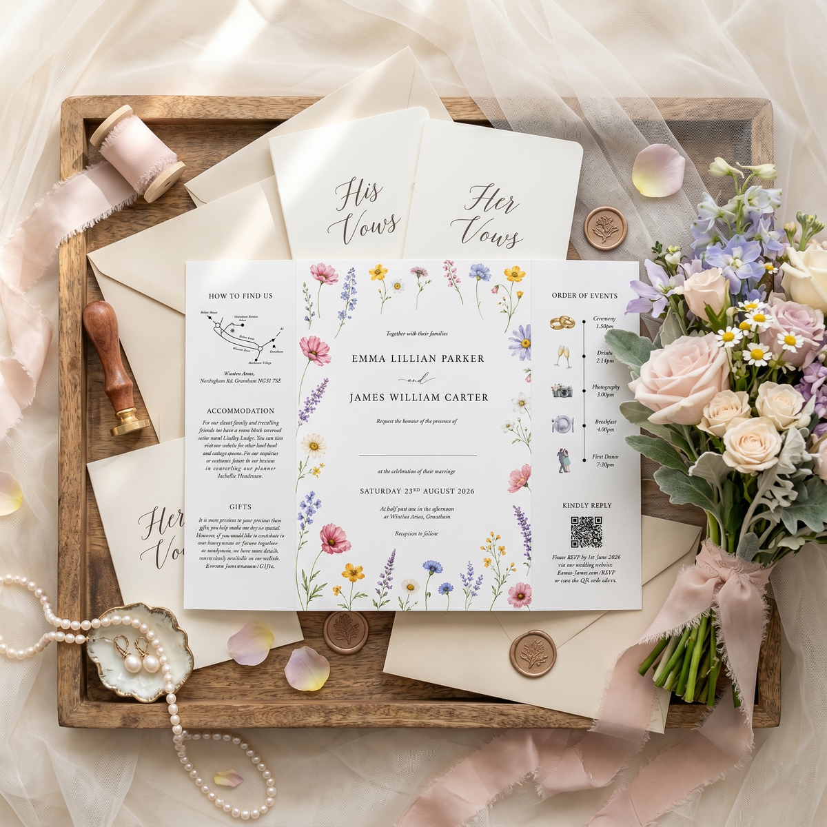 Wildflower Wedding Invitation Suite | Elegant Botanical Wedding Invitations with Custom RSVP & QR Code
