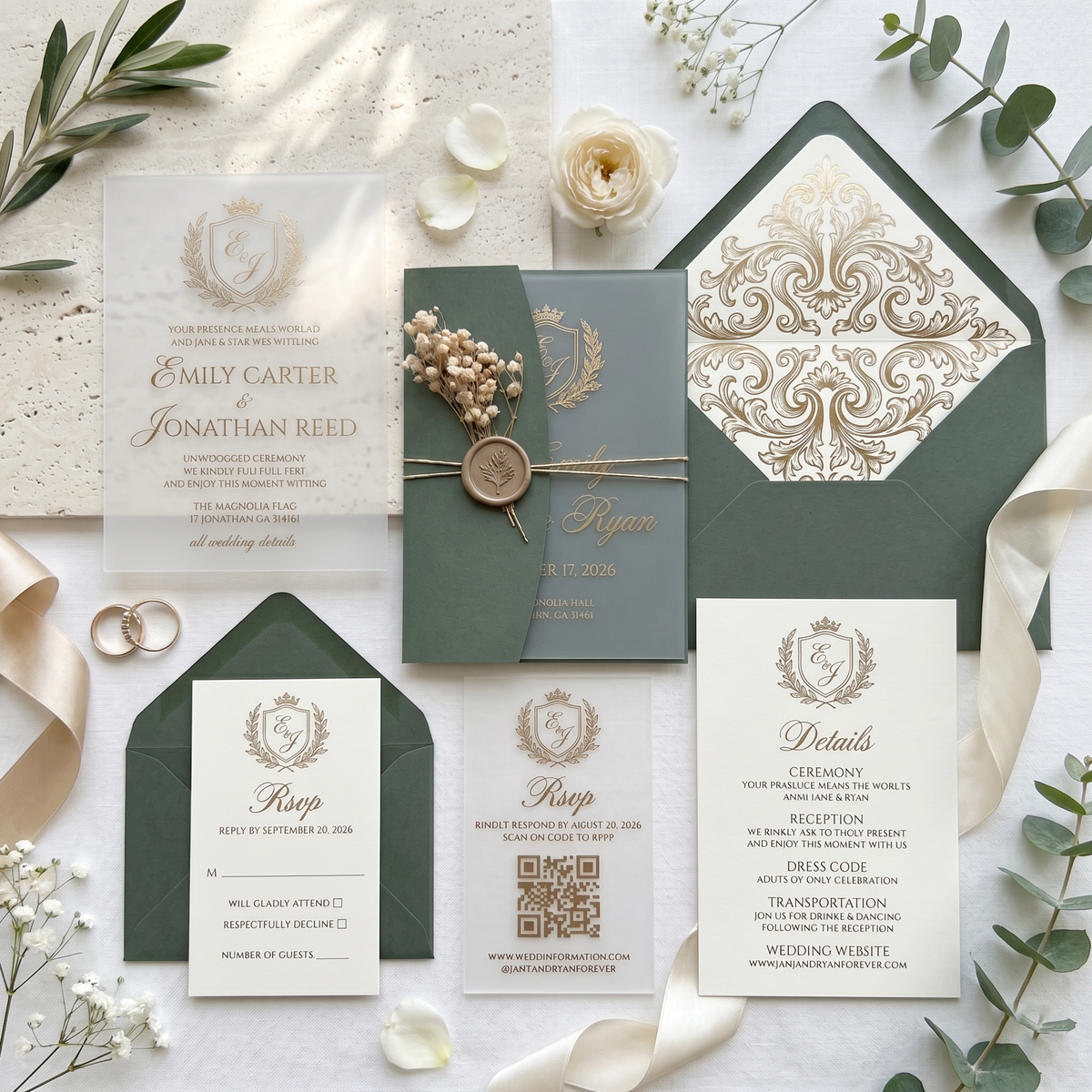 Minimalist Frosted Acrylic Wedding Invitation, Modern Custom Wedding Invite with QR RSVP, Wax Seal & Envelope, Elegant Green Wedding Stationer