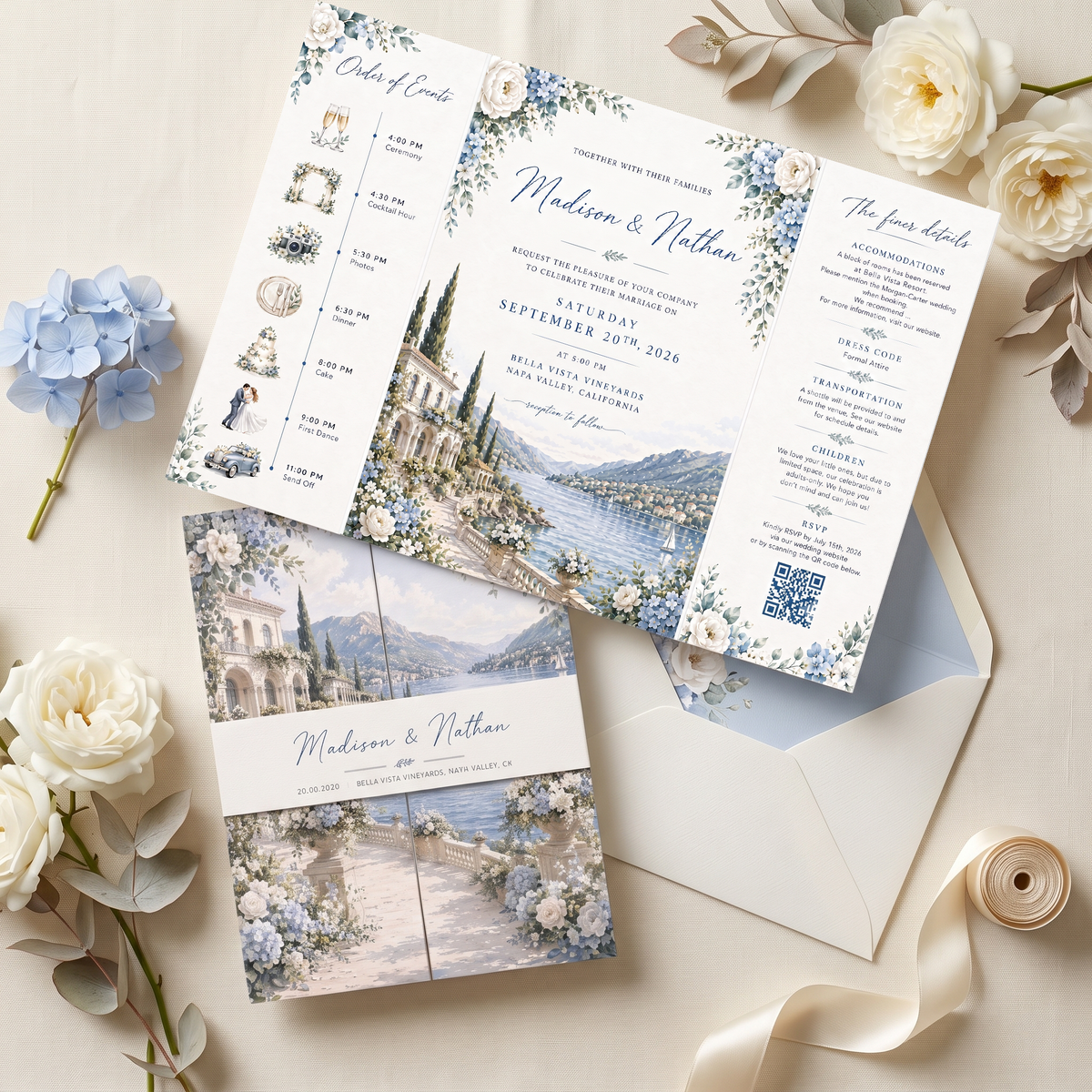 Luxury Blue Floral Wedding Invitation Suite, Personalized Destination Wedding Invitations, Custom Lake Wedding Stationery