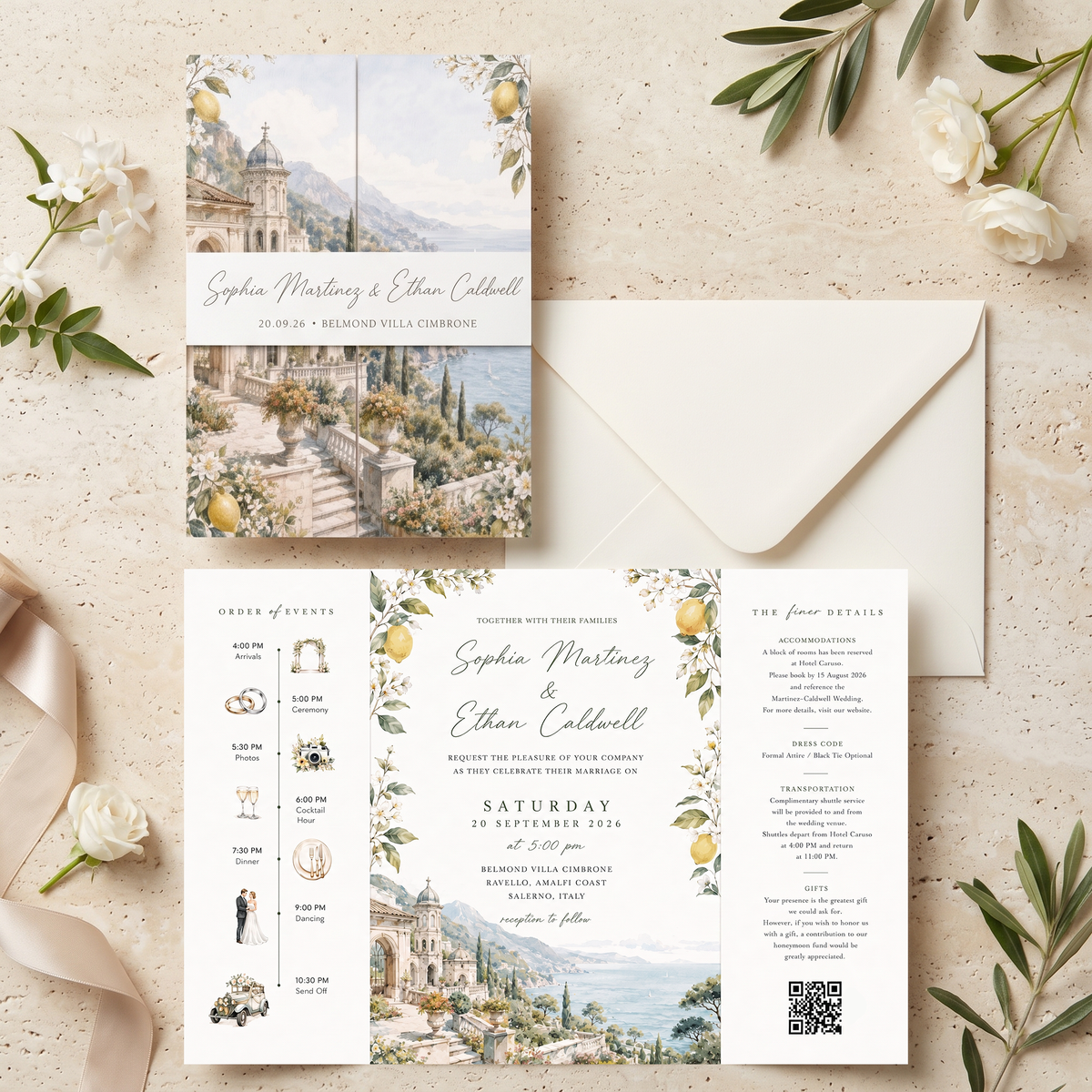 Amalfi Coast Lemon Wedding Invitations, Italian Riviera Destination Wedding Invitation Suite, Watercolor Villa Wedding Invite, Personalized