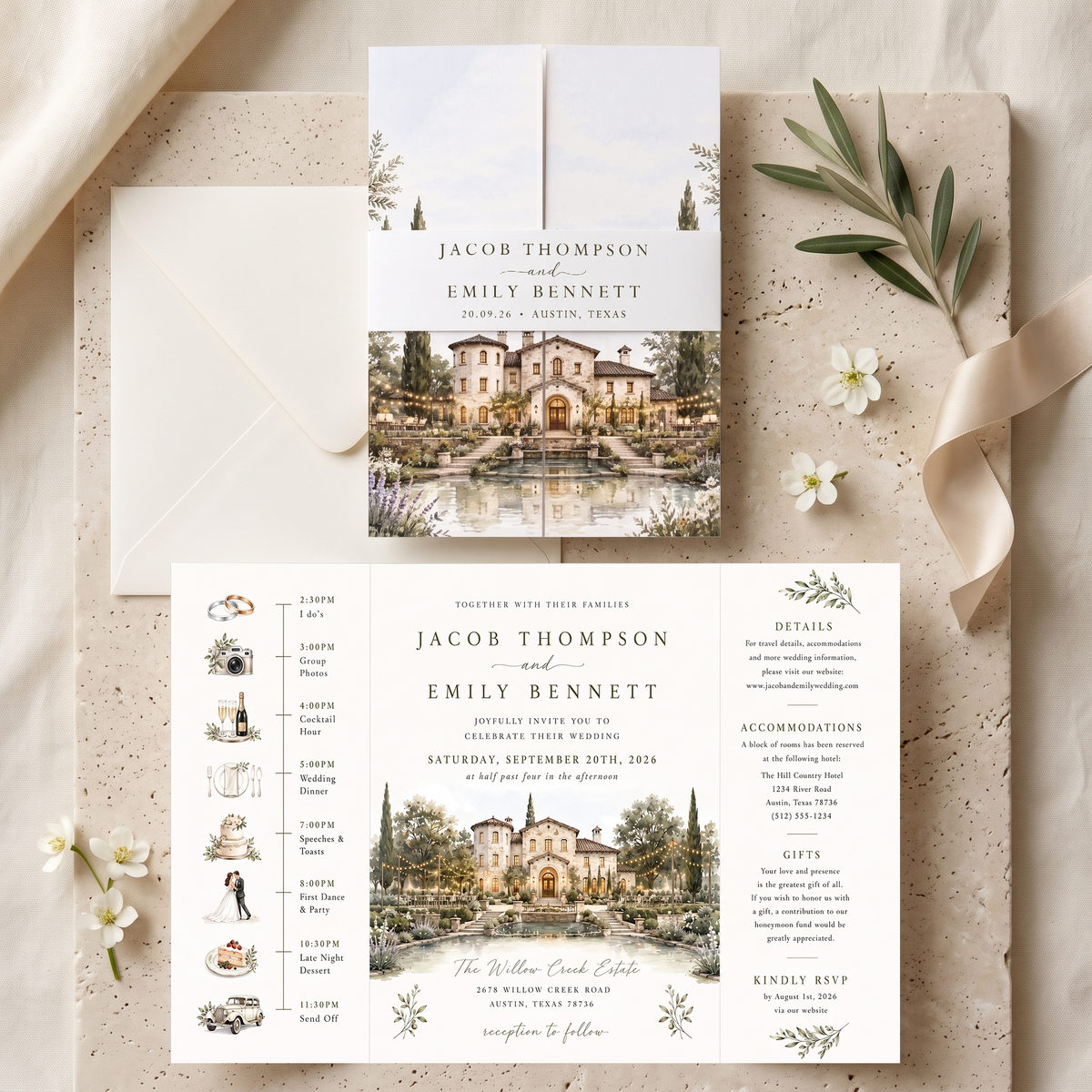 Personalized Mediterranean Wedding Invitations, Luxury Villa Wedding Invitation Suite, Watercolor Venue Illustration, Custom RSVP & Details Card