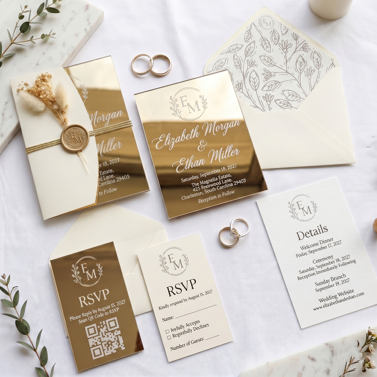 Luxury Gold Mirror Acrylic Wedding Invitation Suite, Personalized Wedding Invite with Cream Envelope, RSVP Card & Details Card
