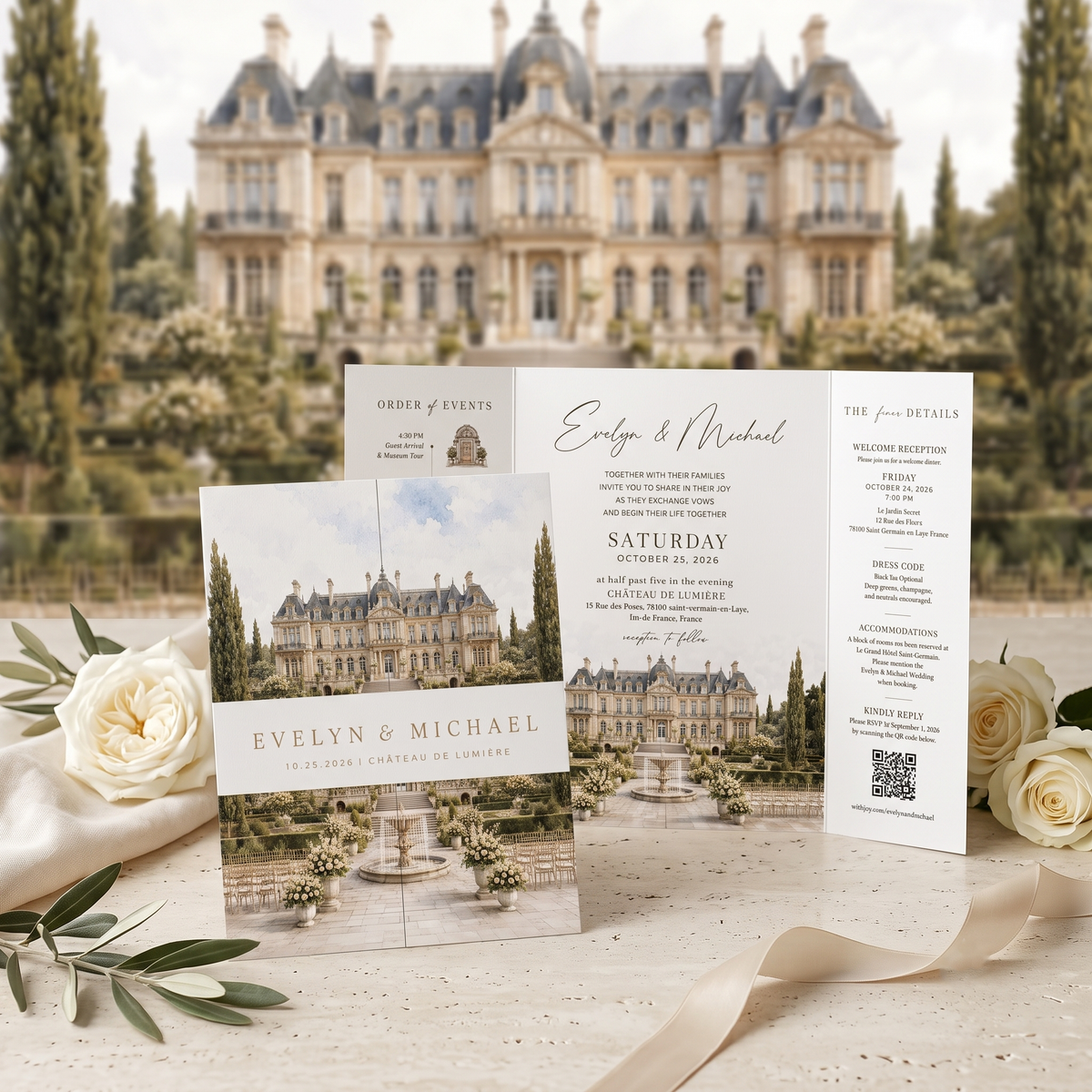 Personalized Château Wedding Invitation Suite | Luxury French Estate Wedding Invitations with Custom Venue Illustration & RSVP