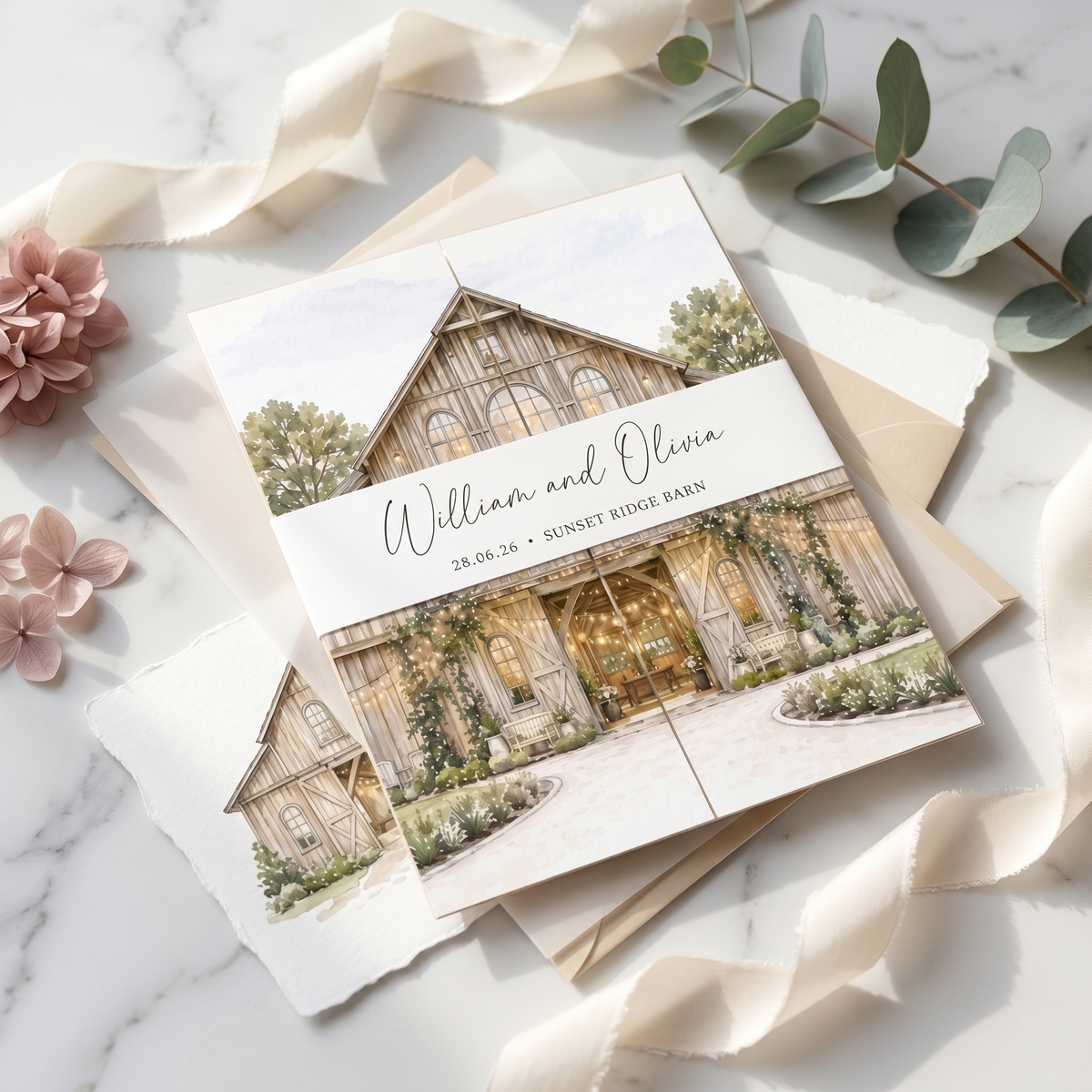 Personalized Wedding Invitation with Custom Venue Illustration | Rustic Wedding Invitation Suite