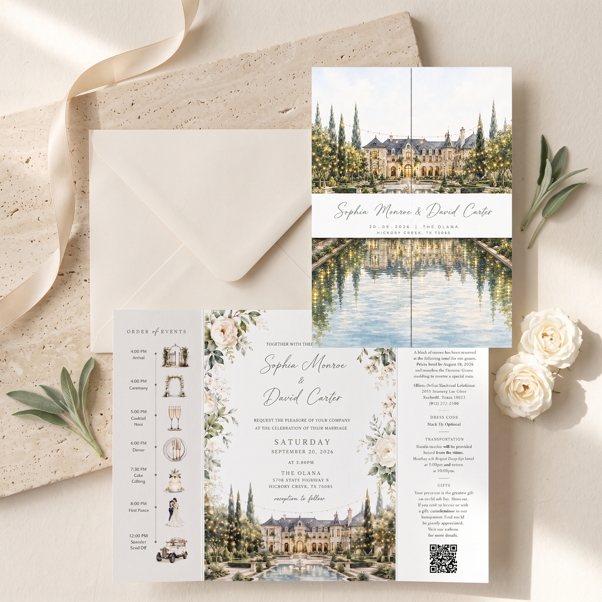 Custom Estate Wedding Invitations, Watercolor Venue Illustration, Elegant Floral Wedding Invitation Suite, Personalized Luxury Stationery
