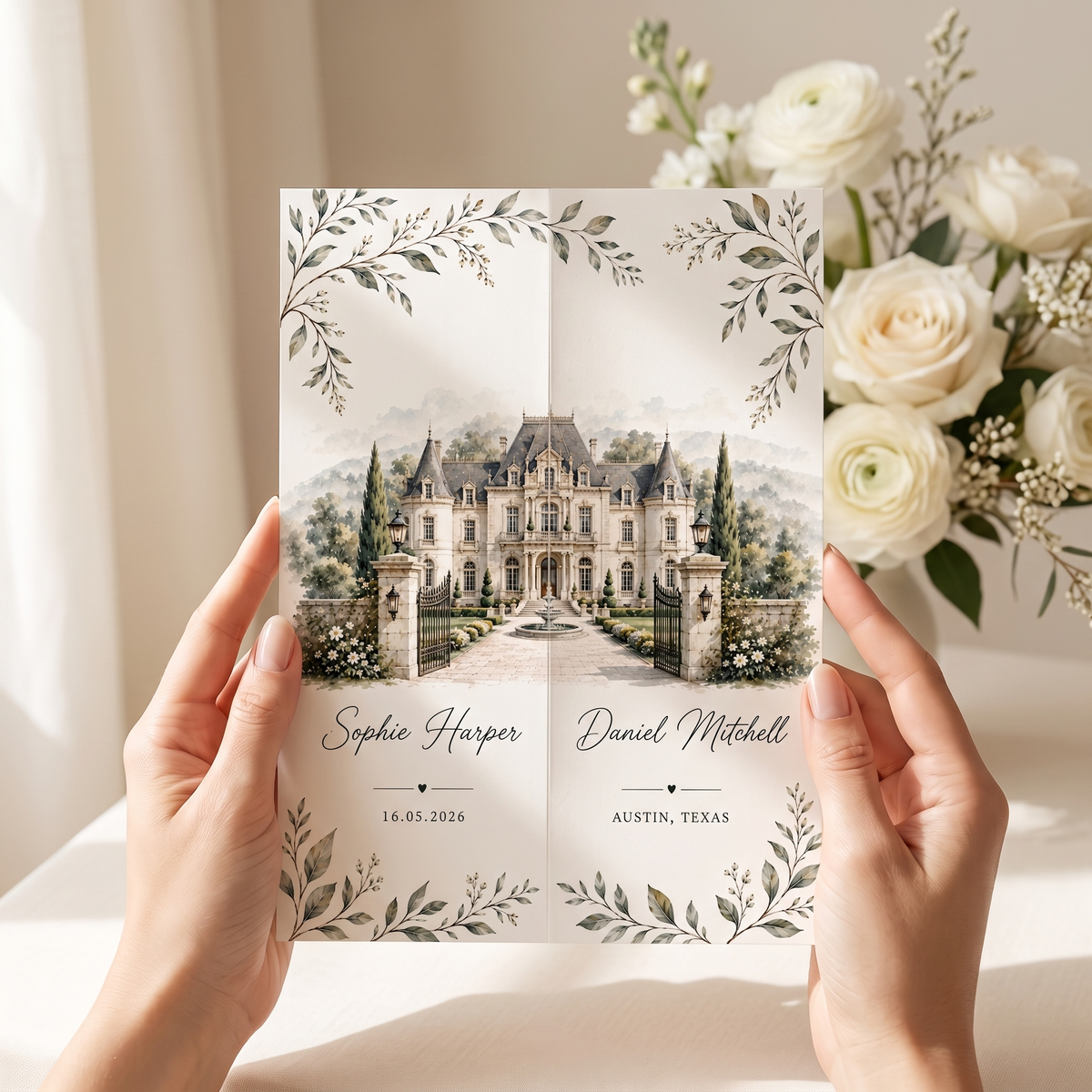 Custom Watercolor Wedding Invitation Suite, Personalized Estate Venue Wedding Invitations, Luxury Garden Wedding Stationery