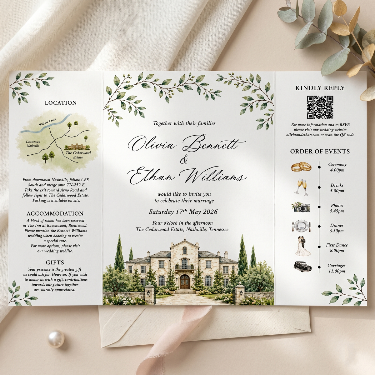 Personalized Wedding Invitation, Watercolor Venue Illustration, Folded Wedding Invitation with RSVP QR Code, Custom Venue Wedding Suite
