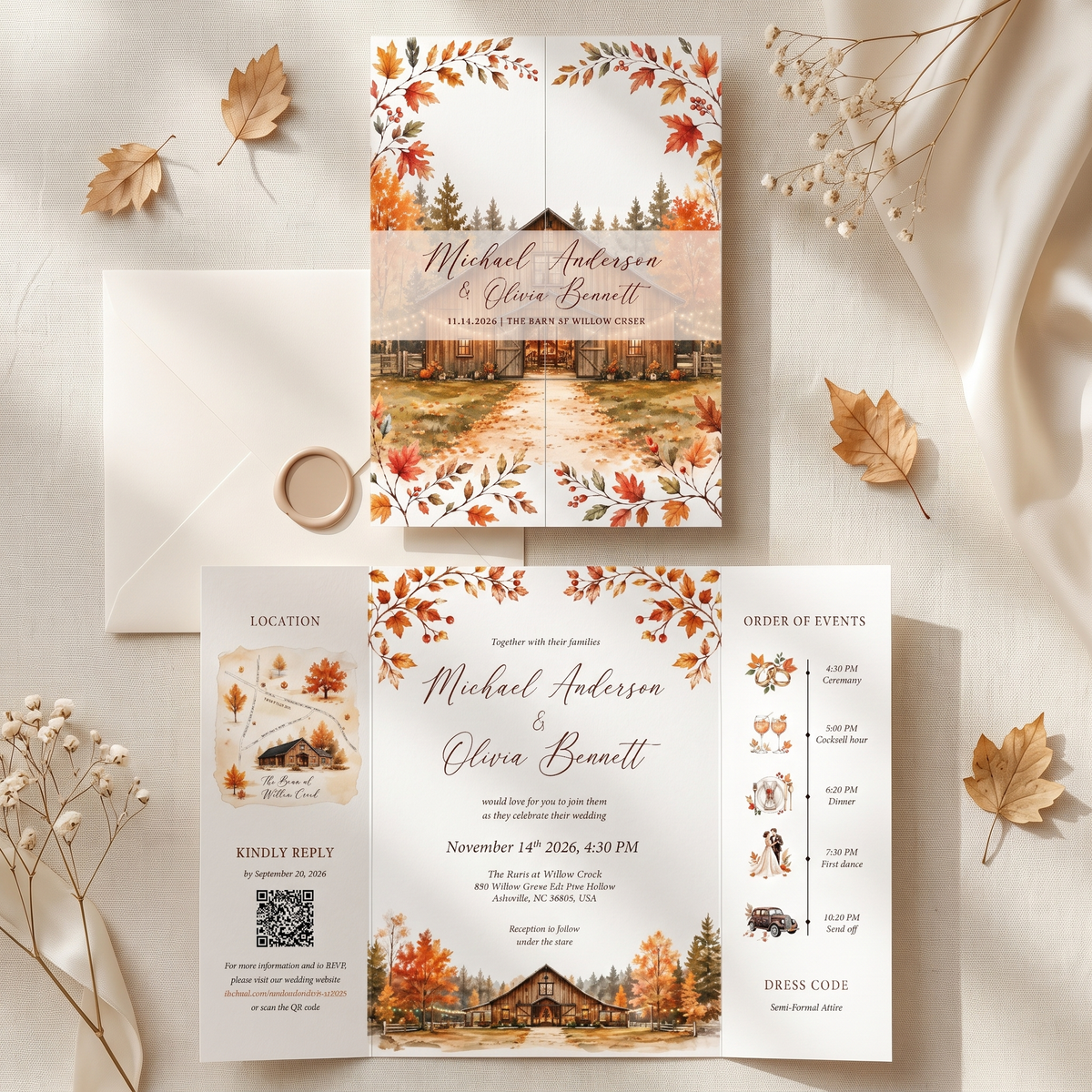 Custom Fall Wedding Invitations, Personalized Barn Venue Watercolor Wedding Suite, Rustic Autumn Wedding Stationery