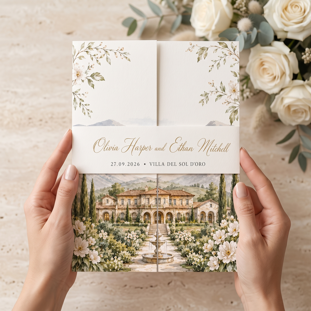 Custom Italian Villa Wedding Invitations, Watercolor Venue Illustration, Elegant Floral Wedding Invitation Suite, Luxury Personalized Stationery