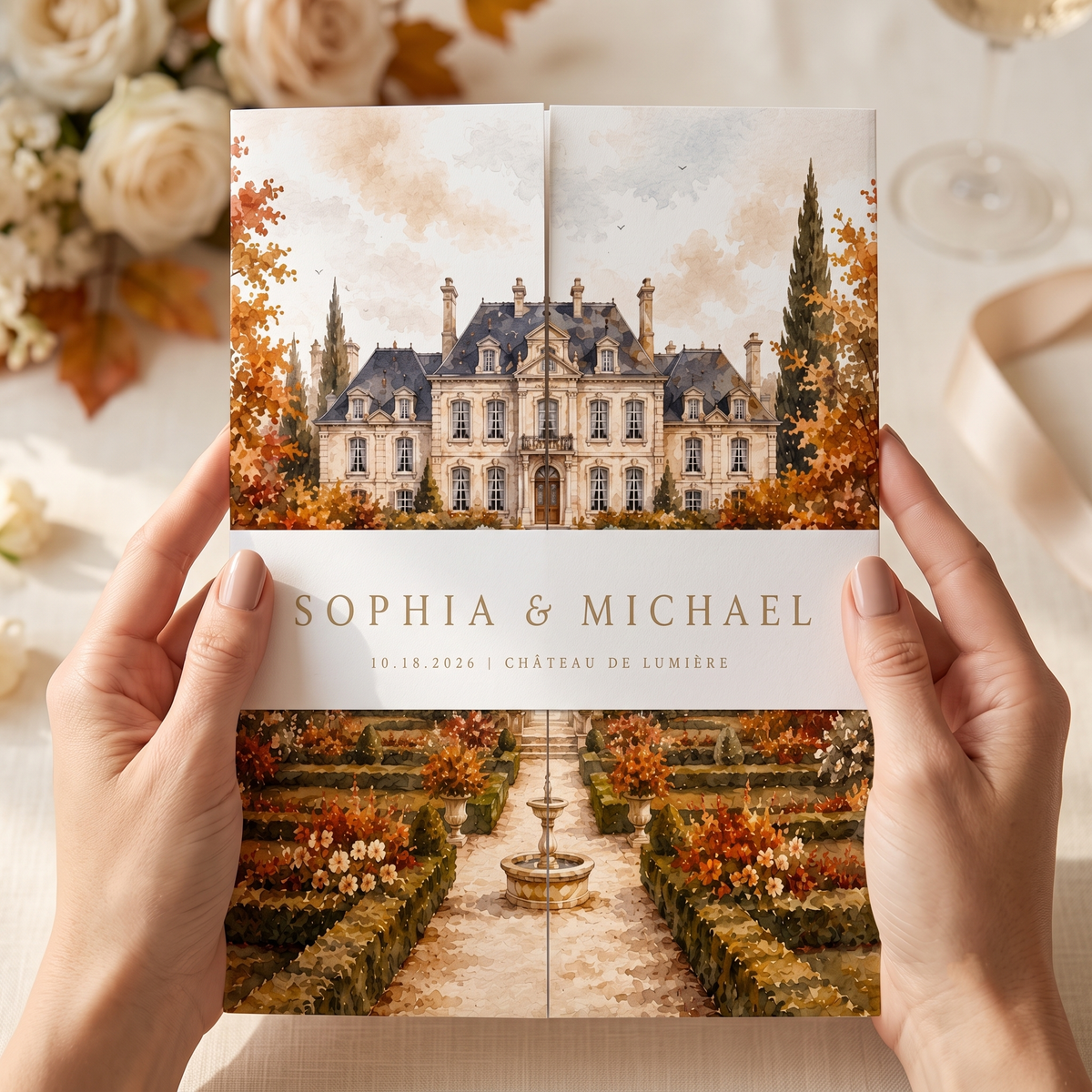 Personalized Autumn Chateau Wedding Invitations, Fall Floral Wedding Invitation Suite, Custom Venue Illustration, RSVP QR Code