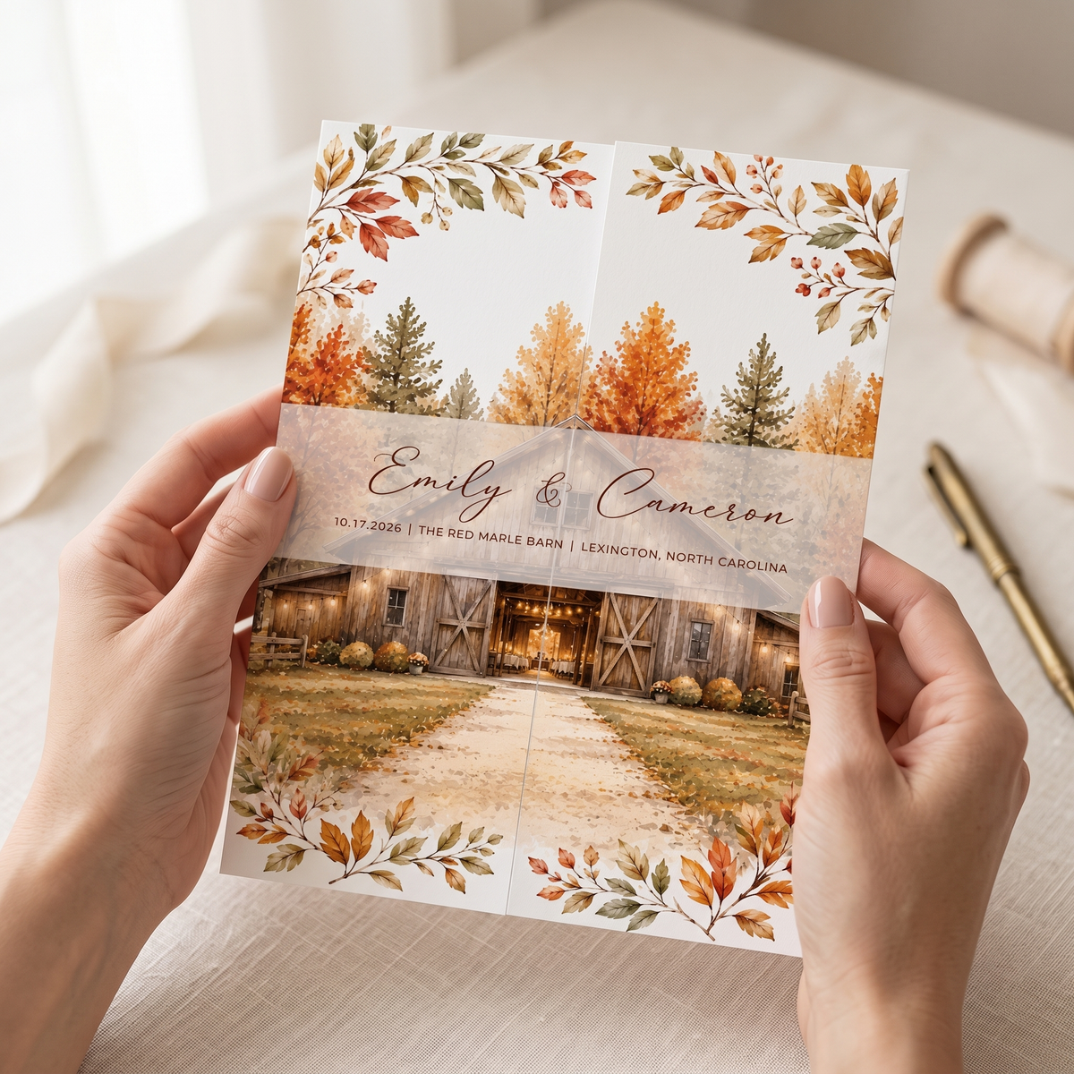 Custom Fall Wedding Invitation Suite, Personalized Barn Venue Watercolor Invitations, Rustic Autumn Wedding Stationery