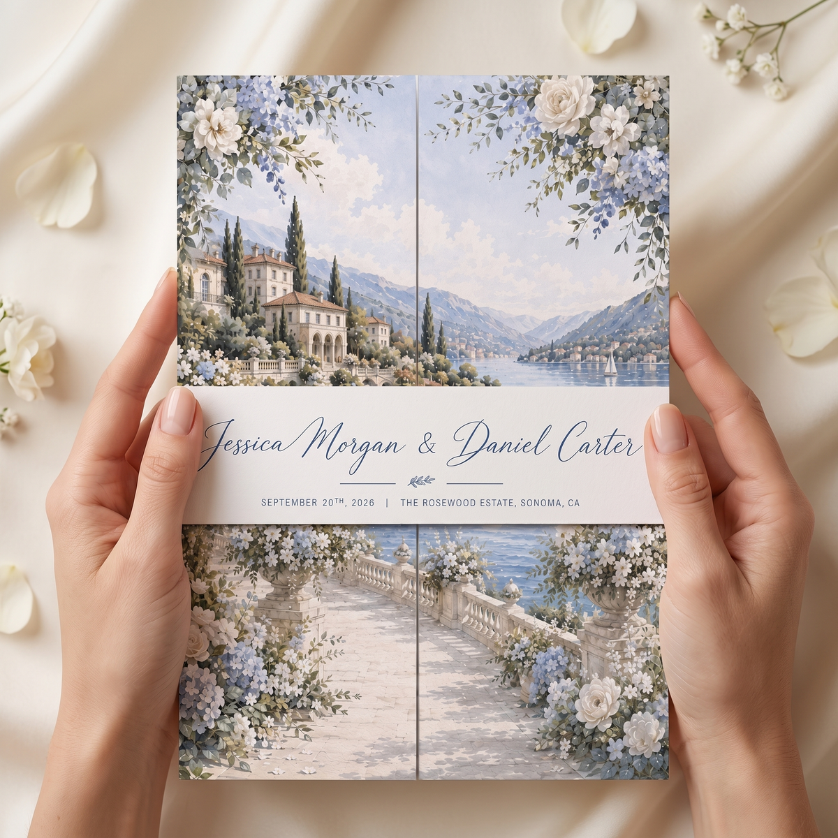 Personalized Blue Floral Wedding Invitation Suite, Luxury Destination Wedding Invitations, Custom Wedding Invitation Set