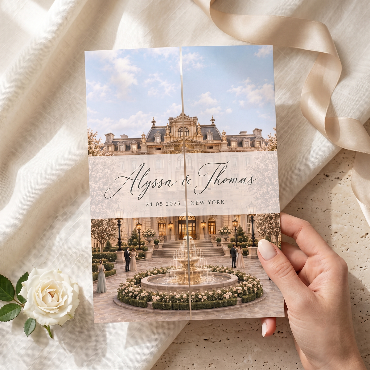 Personalized Luxury Wedding Invitation Suite | Custom Wedding Venue Illustration, Elegant RSVP & QR Code