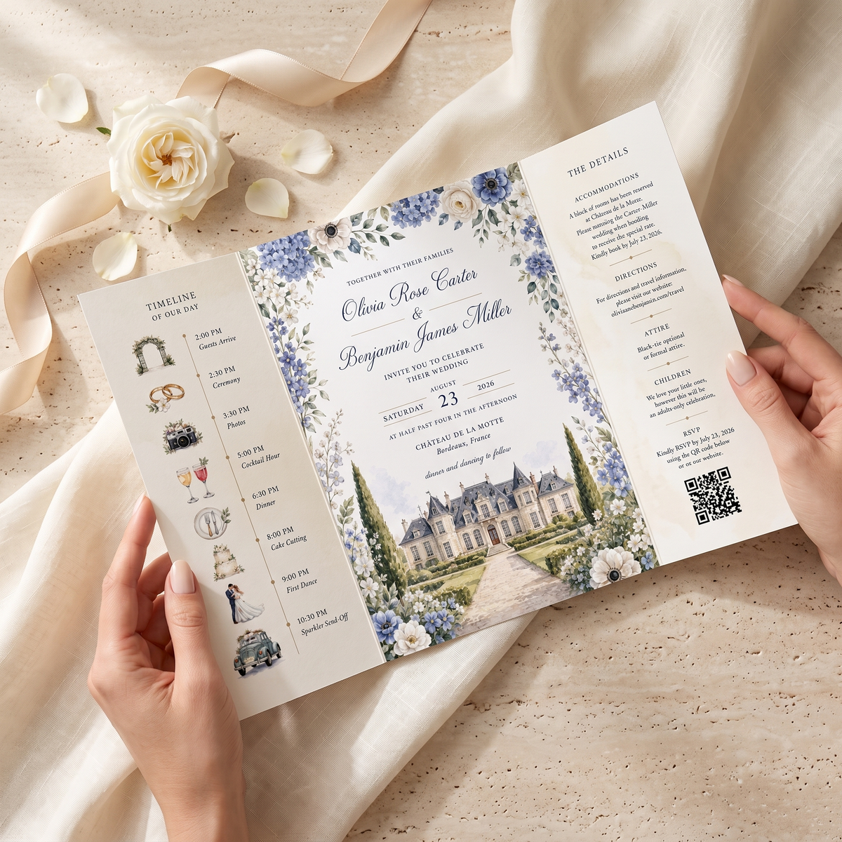 Personalized French Chateau Wedding Invitations, Blue Floral Wedding Invitation Suite, Custom Venue Illustration, RSVP QR Code