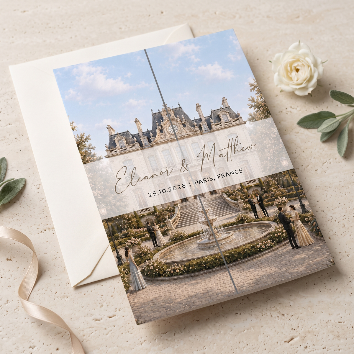 Personalized Château Wedding Invitation Suite, French Estate Wedding Invitations, Custom Venue Illustration, RSVP & QR Code
