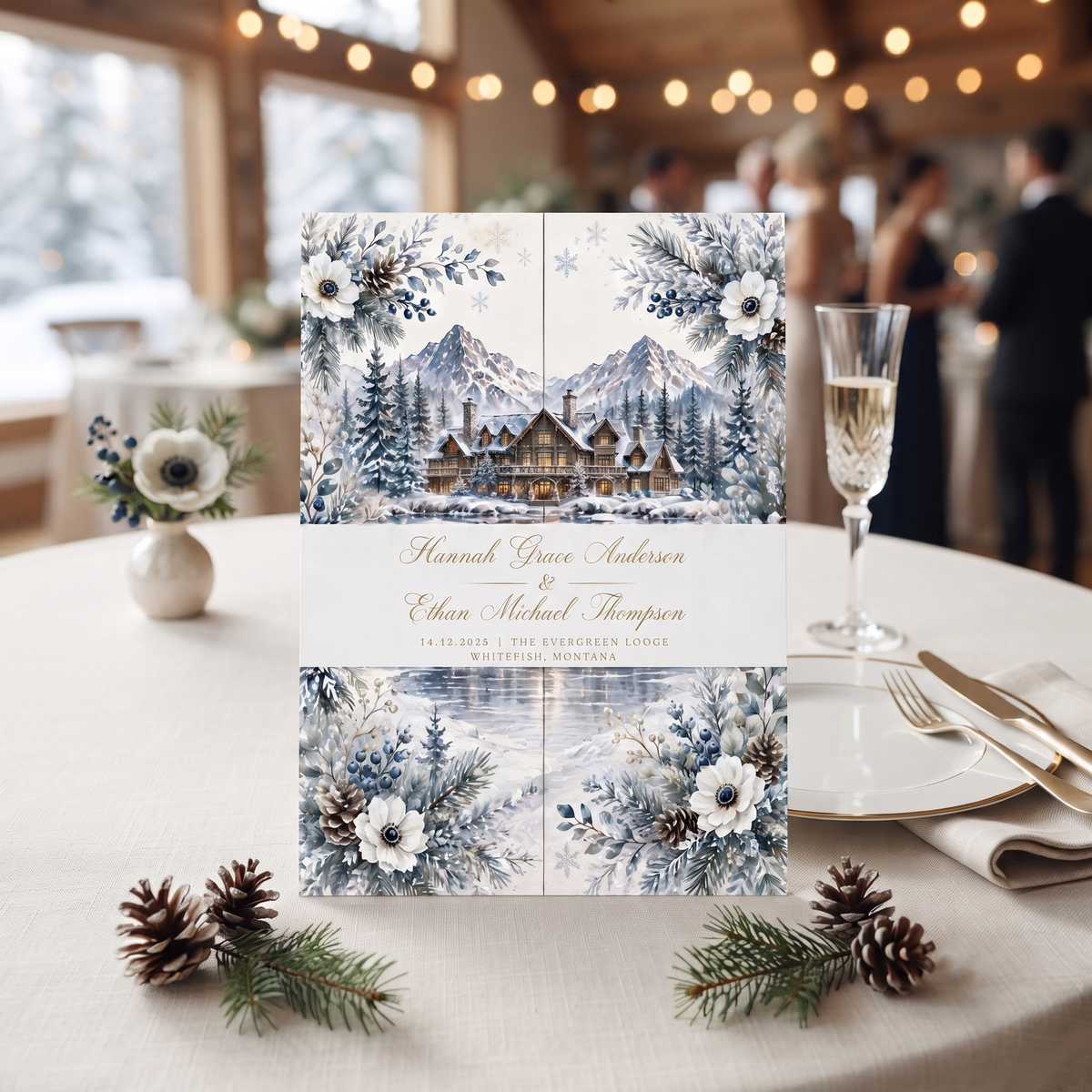 Winter Wedding Invitation Suite, Snowy Mountain Lodge Wedding, Christmas Wedding Invitations, Watercolor Pine Floral Invite, Personalized Wedding Stationery