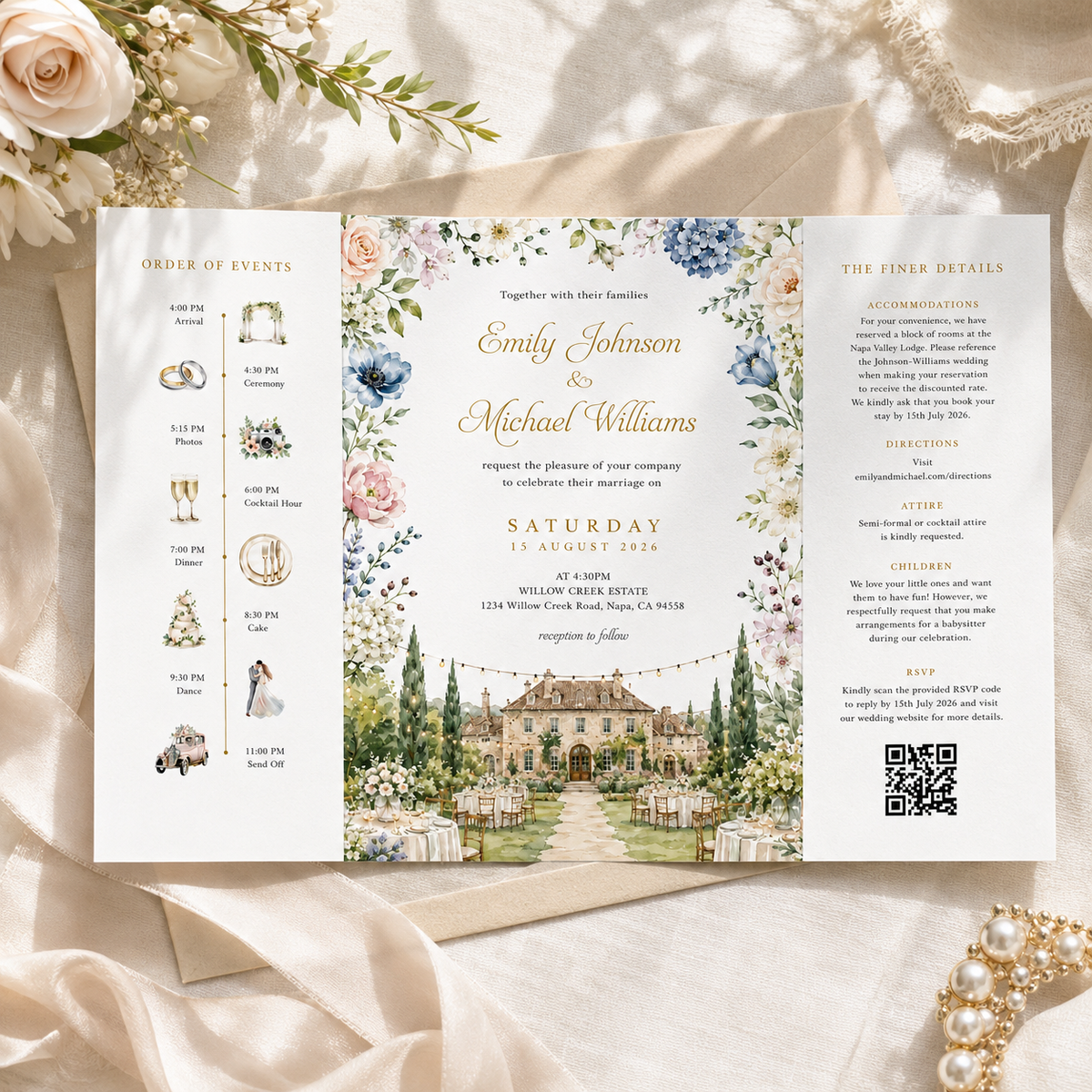 Personalized Wedding Invitation, Custom Watercolor Venue Illustration, Luxury Floral Wedding Invitation Suite
