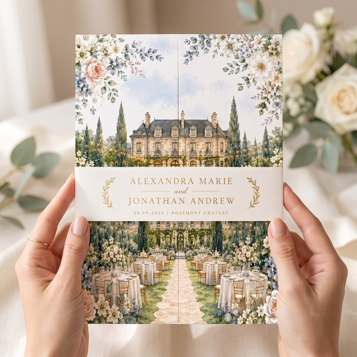 Personalized Chateau Wedding Invitations, Elegant Floral Wedding Invitation Suite, Custom Venue Illustration, RSVP QR Code