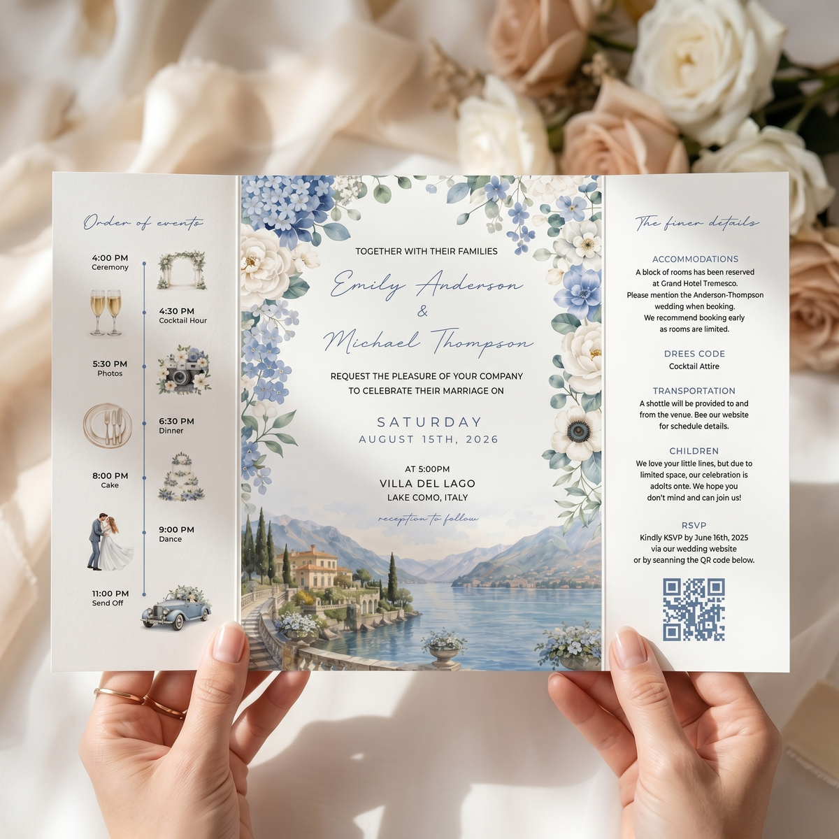 Personalized Mediterranean Wedding Invitation Suite | Elegant Floral Venue Invitations with Custom RSVP & QR Code