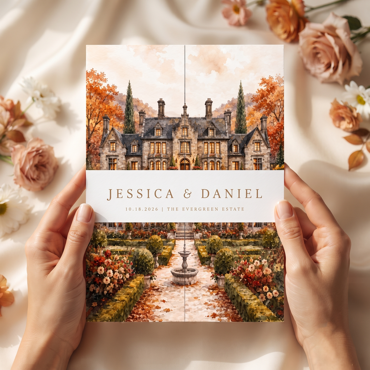 Autumn Wedding Invitation Suite, Fall Wedding Invitation, Watercolor Estate Venue, Floral Wedding Invite, Personalized Wedding Stationery