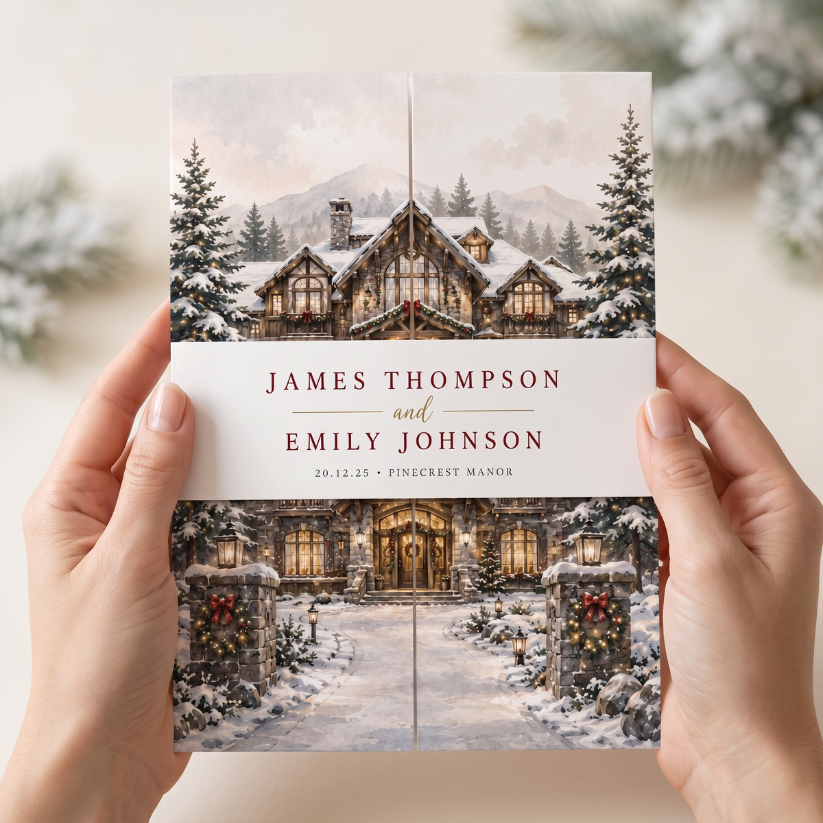 Custom Winter Wedding Invitations, Snowy Venue Illustration, Christmas Wedding Invitation Suite, Personalized Luxury Wedding Stationery