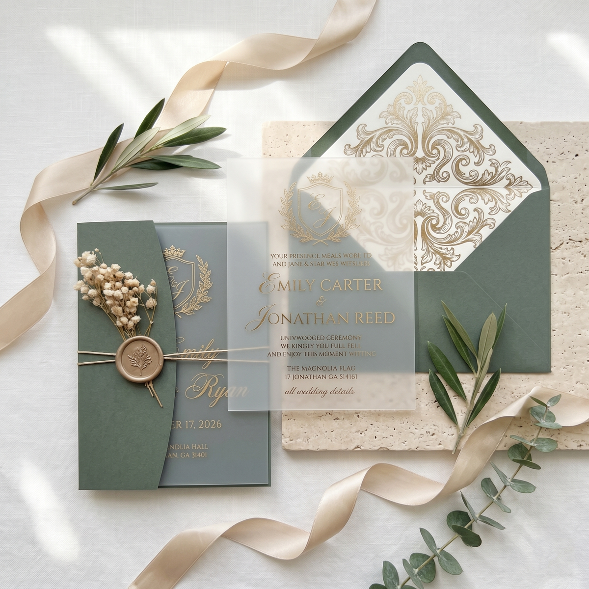 Minimalist Frosted Acrylic Wedding Invitation, Modern Custom Wedding Invite with QR RSVP, Wax Seal & Envelope, Elegant Green Wedding Stationer