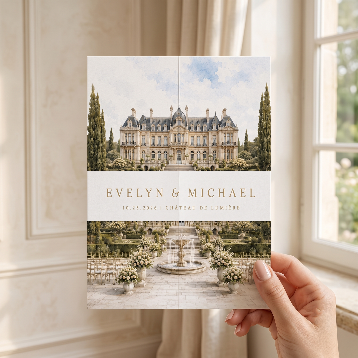 Personalized Château Wedding Invitation Suite | Luxury French Estate Wedding Invitations with Custom Venue Illustration & RSVP