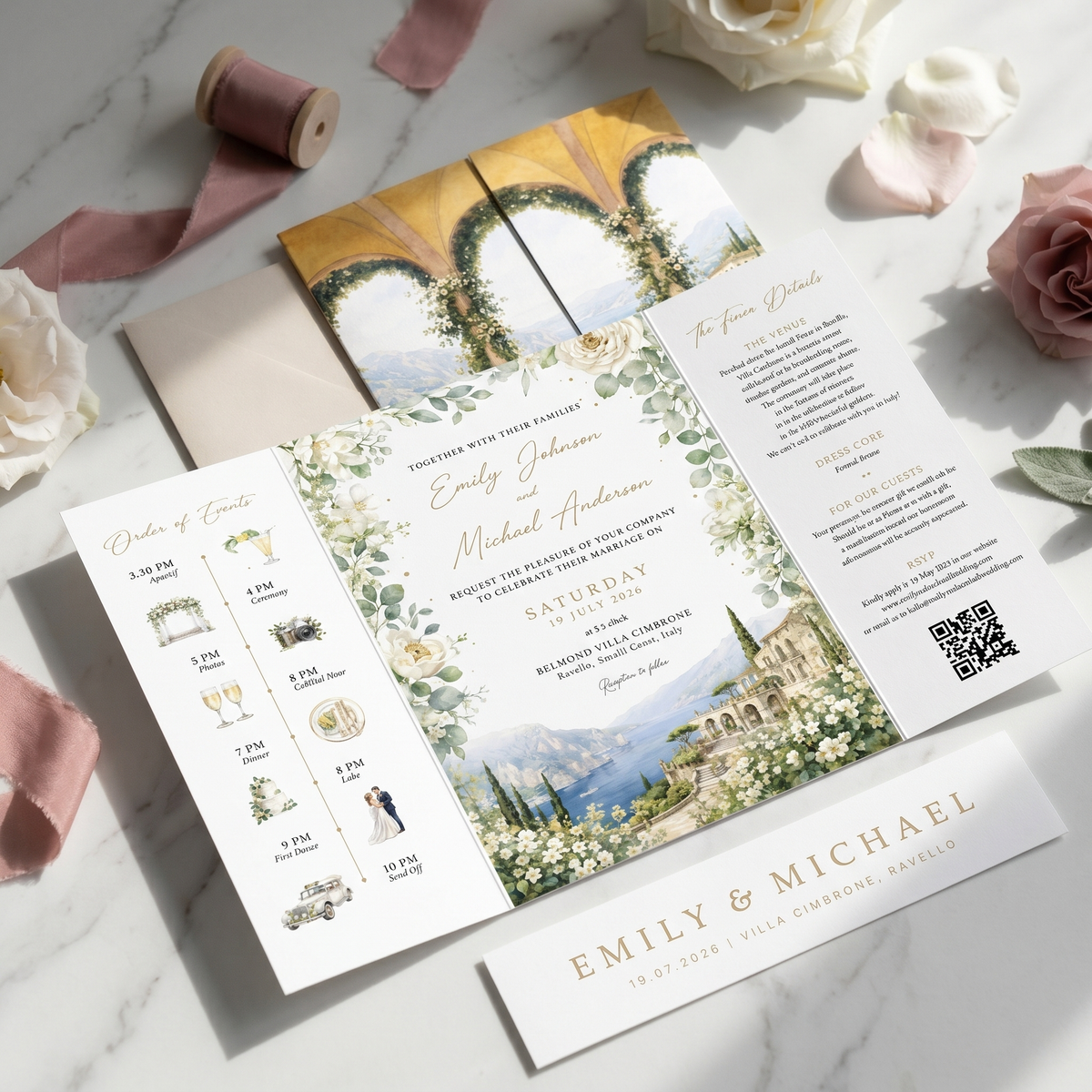Personalized Amalfi Coast Wedding Invitation, Italy Destination Wedding Invitation, Watercolor Villa Gatefold Invitati