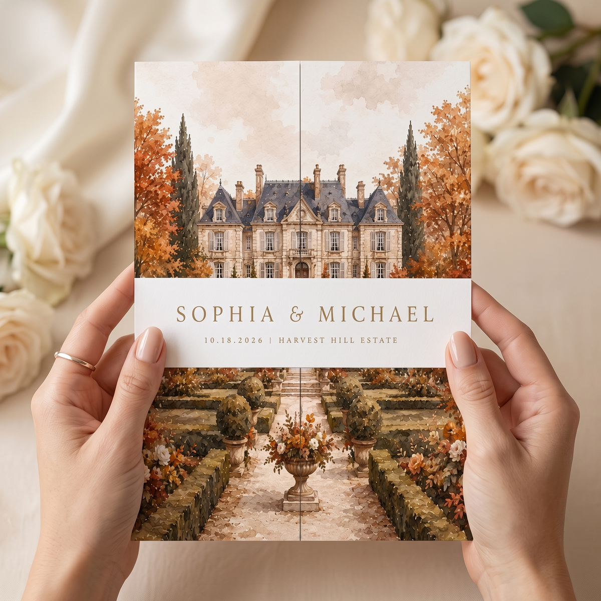 Personalized Fall Wedding Invitations, Autumn Chateau Wedding Invitation Suite, Custom Venue Illustration, RSVP QR Code, Elegant Floral Invite