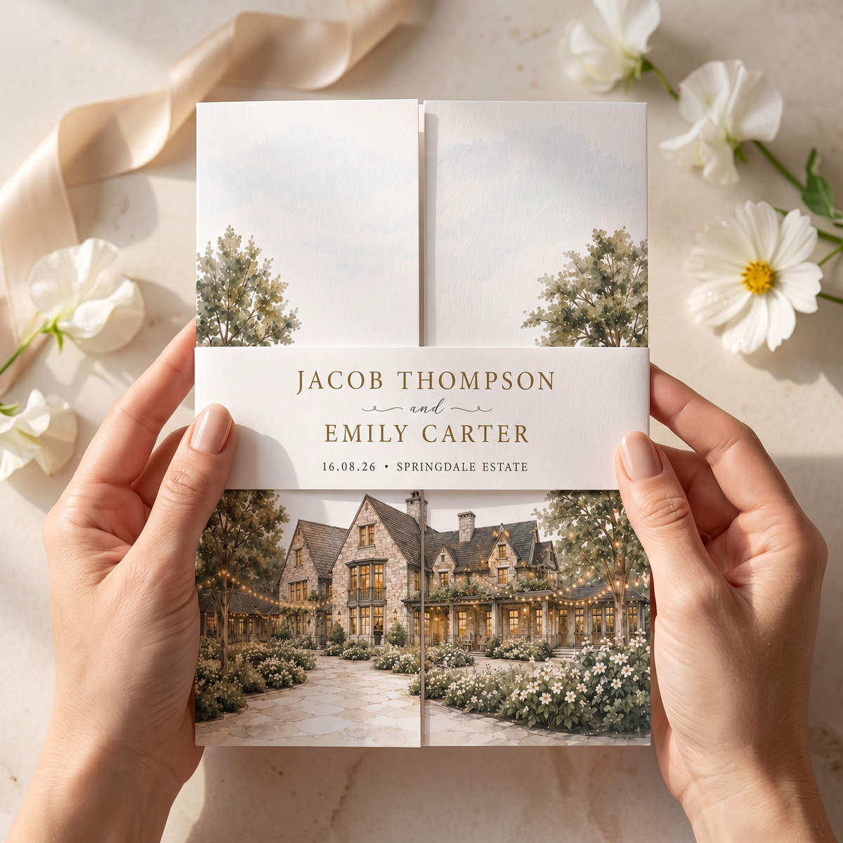 Custom Watercolor Wedding Invitations, Personalized Venue Illustration, Elegant Estate Wedding Invitation Suite, Luxury Wedding Invites