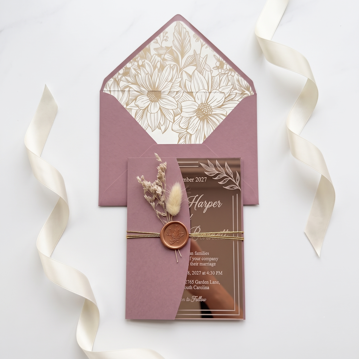 Luxury Rose Gold Mirror Acrylic Wedding Invitation Suite, Personalized Wedding Invite with Burgundy Envelope, RSVP & Details Cards