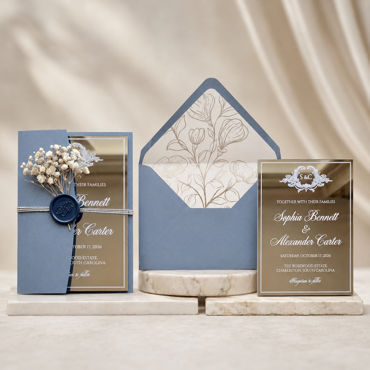 Elegant Silver Mirror Acrylic Wedding Invitation, Personalized Wedding Invite with Dusty Blue Envelope, RSVP QR Card & Details Card