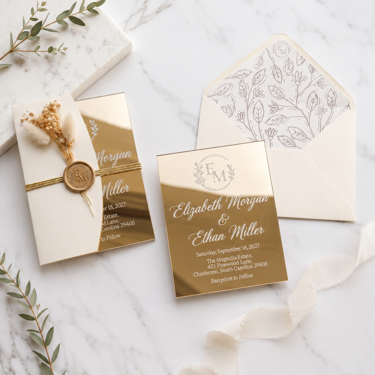 Luxury Gold Mirror Acrylic Wedding Invitation Suite, Personalized Wedding Invite with Cream Envelope, RSVP Card & Details Card